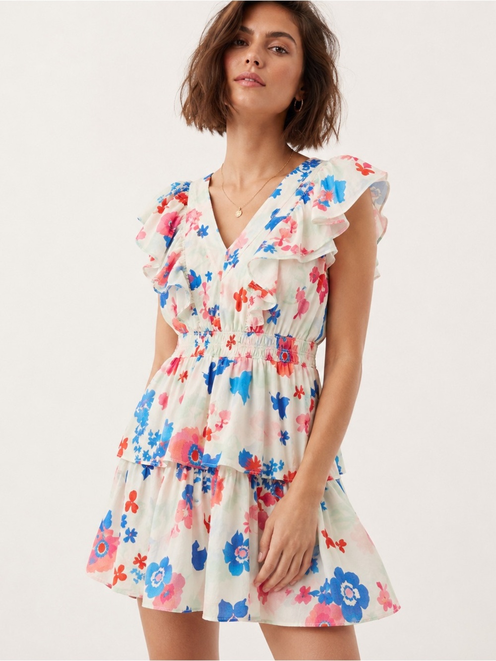 Peter Som RTR Floral Ruffle Mini Dress Size 8 Cotton Tiered Flutter Sleeve